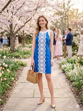 EUC Eliza J Royal Blue & White Crochet Lace Linen Shift Dress - Size 8